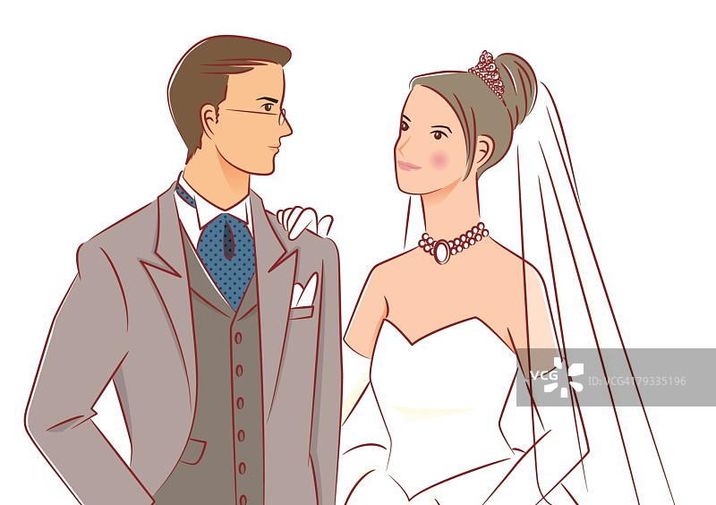 新娘新郎相视而笑，新娘手搭在新郎肩上（正面视角）图片素材