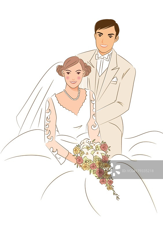 新郎站在坐在椅子上的新娘旁边，新娘手捧婚礼瀑布式捧花，肖像图片素材