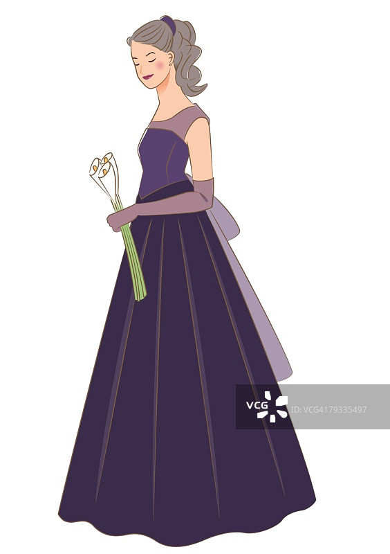 手捧马蹄莲婚礼花束、闭眼站立的新娘侧影图片素材