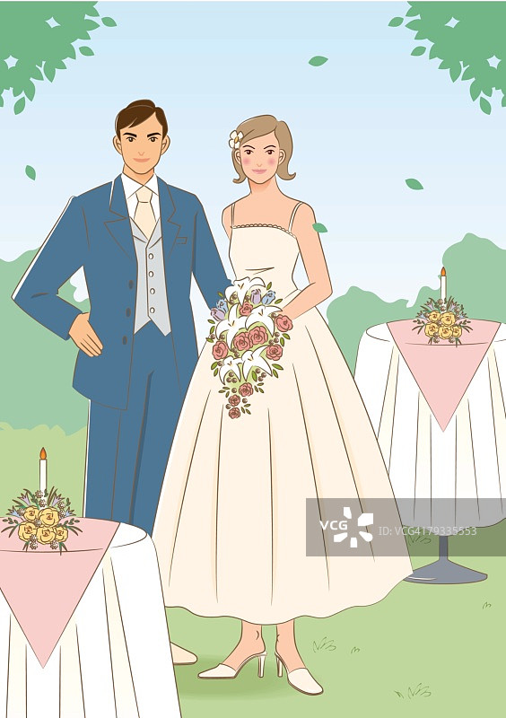 新娘新郎户外并肩而立，新娘手捧瀑布式婚礼花束，正面视角图片素材