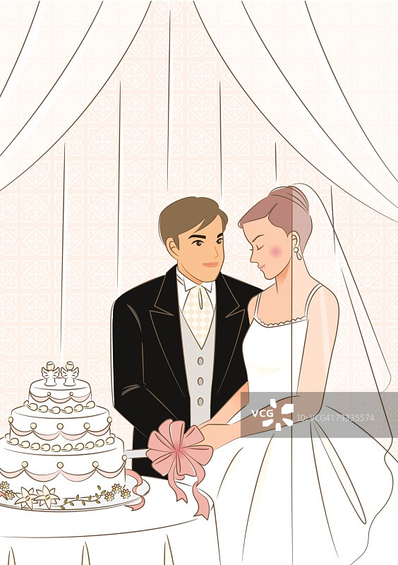 新娘夫妇切结婚蛋糕，新郎看着闭着眼睛的新娘图片素材