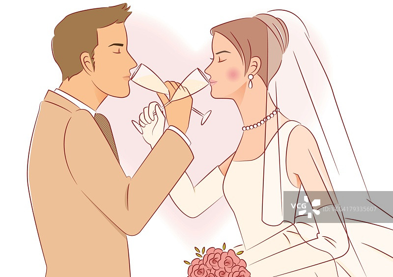 新娘夫妇交叉手臂闭着眼睛喝香槟，侧视图图片素材