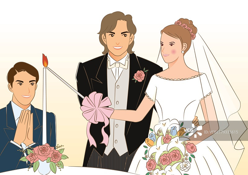 新婚夫妇一起在桌子上点燃蜡烛，一位客人拍手，正面视角图片素材