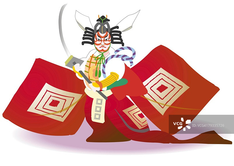 歌舞伎表演者在舞台服装中摆姿势，正面视角，日本图片素材
