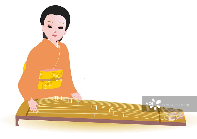 女人身着日式服装坐着弹奏日本竖琴，正面视角，日本图片素材