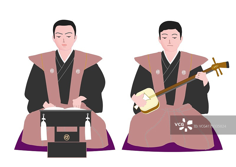 两个男人身穿日式服装，一人演奏三味线，日本图片素材