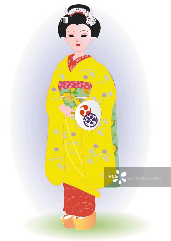 身着日式服装手持纸扇的女子，正面视角，日本图片素材