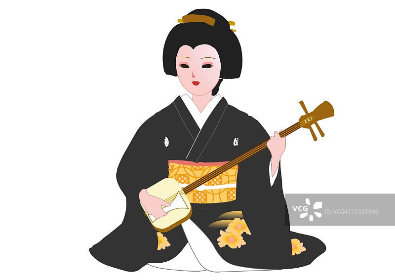穿着日式服装弹奏三味线的女人，正面视角，日本图片素材