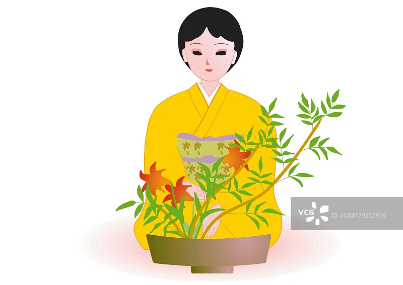 女人身着日式服装，欣赏日式插花，日本图片素材