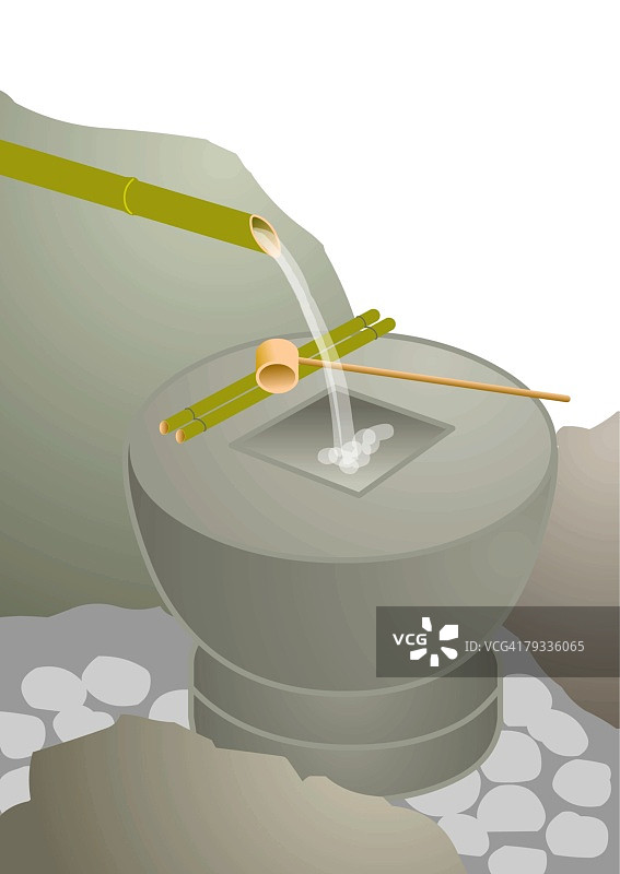 花园里的水盆和水勺，高角度，日本图片素材