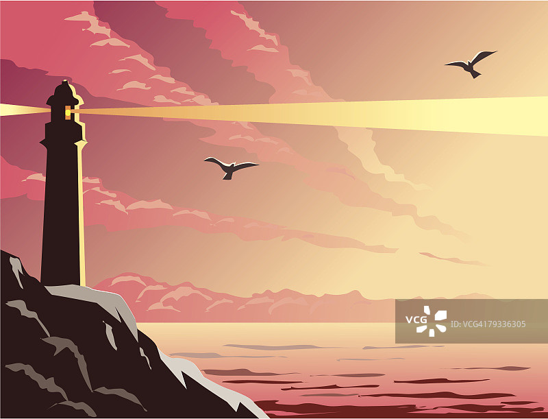 黄昏时分，灯塔发出两道光束图片素材