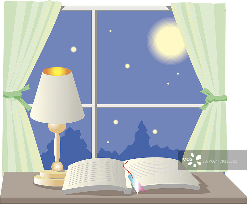 窗边俯瞰满月的打开的书本图片素材