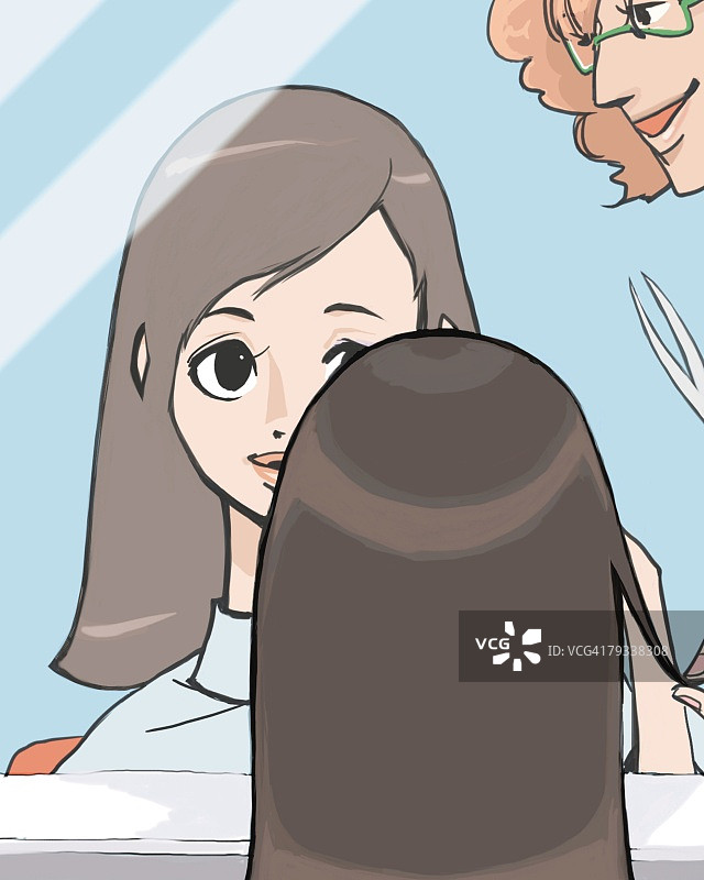 女人理发，镜子中的倒影，后视图，插画技巧图片素材