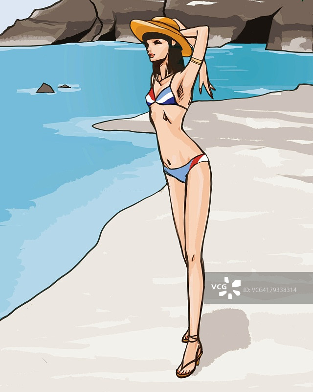 站在海滩上的泳装女人（侧面），插画图片素材