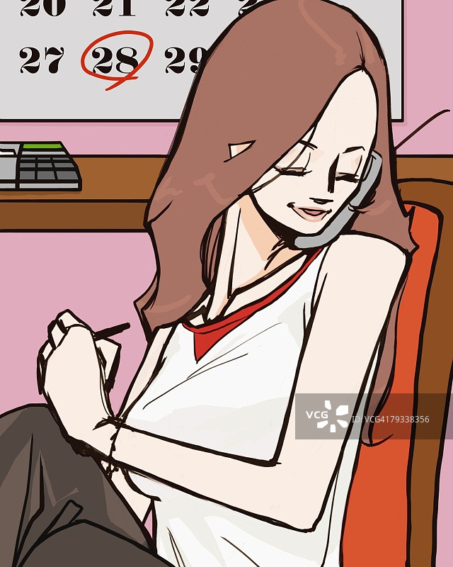 女人坐在椅子上使用手机，侧视图，图解技术图片素材