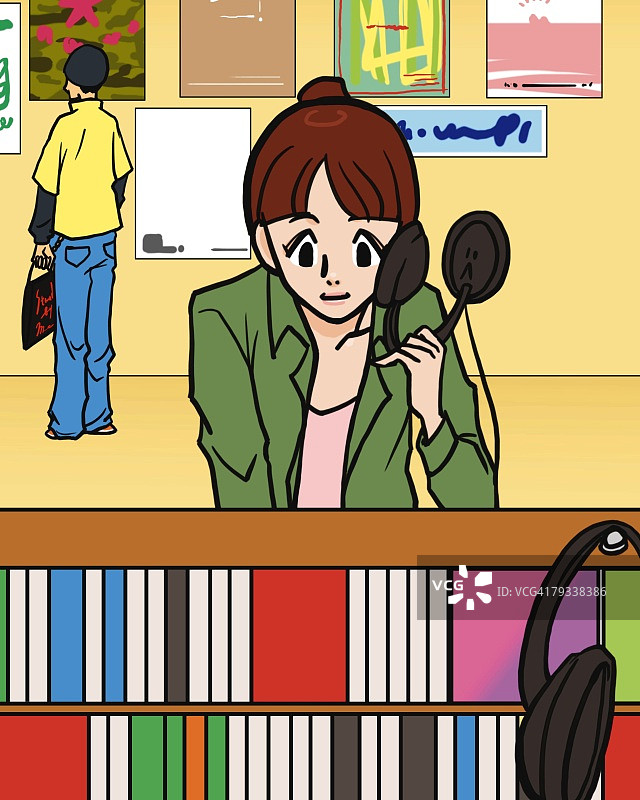 女人拿着耳机在唱片店看音乐CD，正面视角，图解技法图片素材