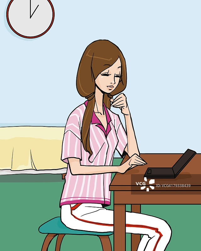 卧室里使用笔记本电脑的微笑女人（插画技法）图片素材