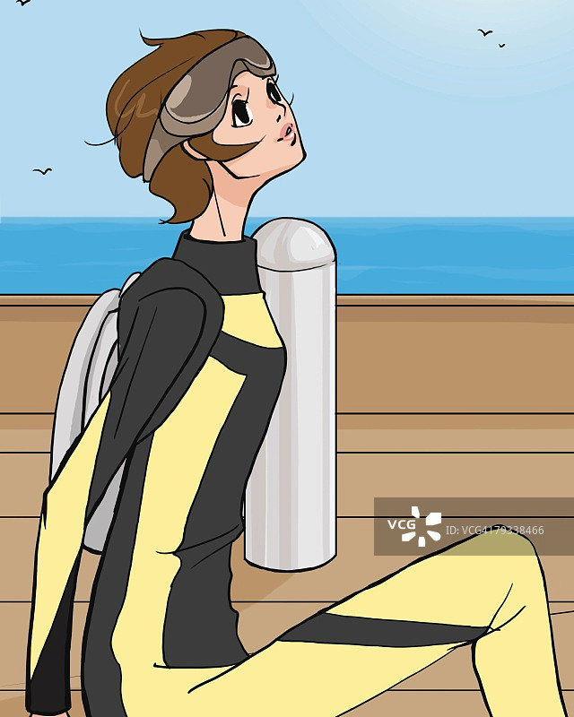 穿潜水装备的女人在船上仰望天空（侧面），插图技巧图片素材