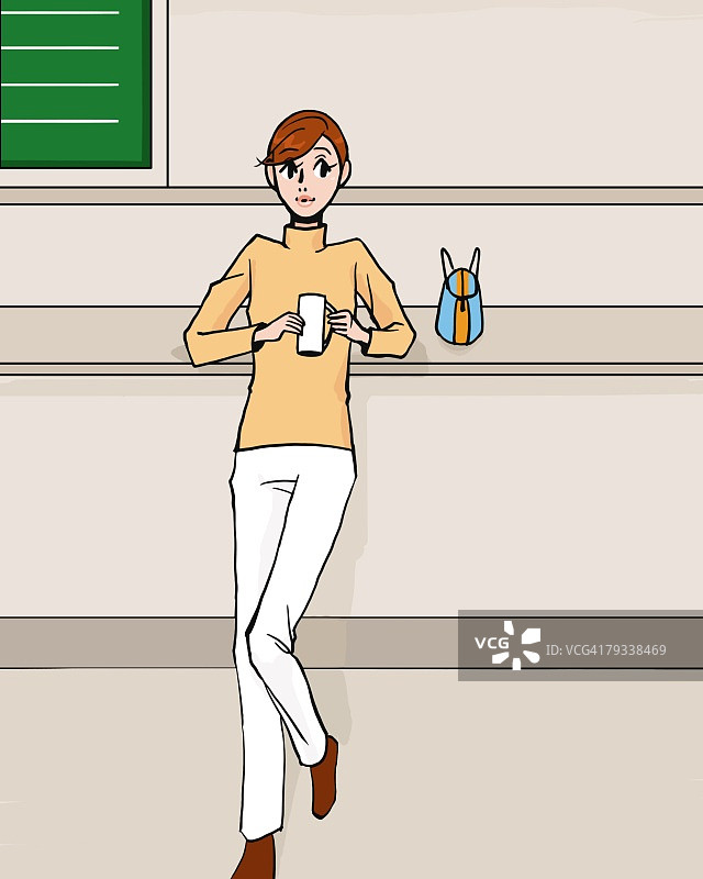 女人在咖啡馆靠着并拿着杯子，正面视角，插画技法图片素材