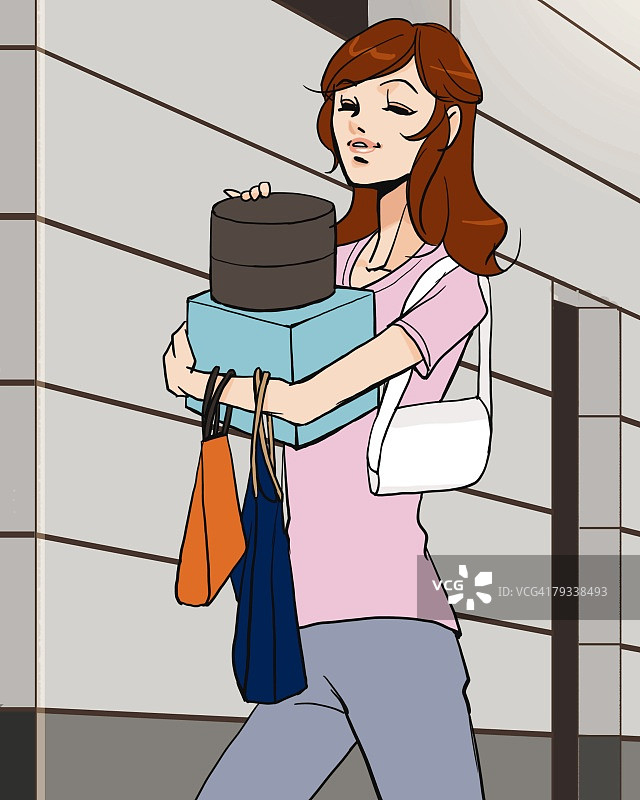 手提钱包和购物袋的女人（正面，插画技法）图片素材