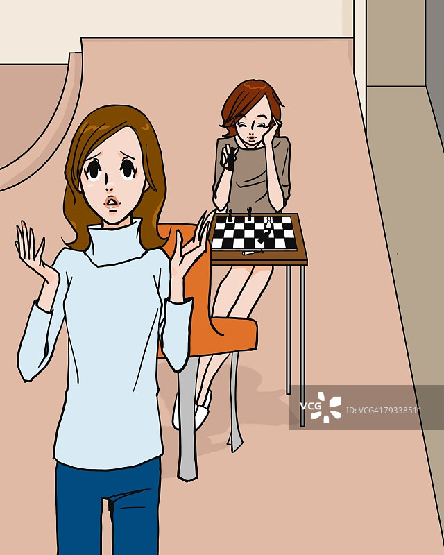 两位女性下国际象棋，正面视角，插画技法图片素材