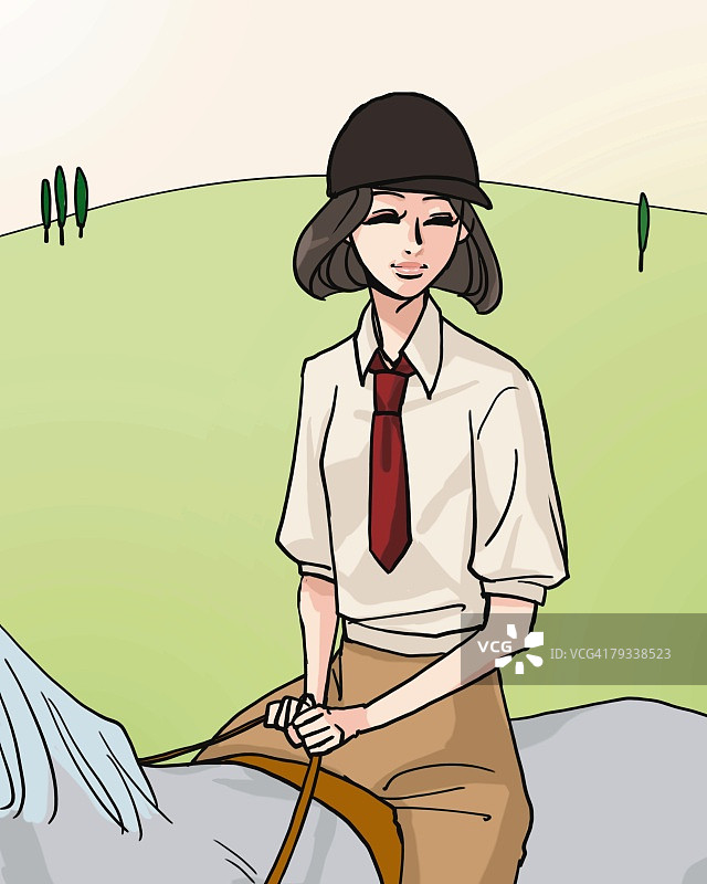 女人微笑地骑在马背上，正面视角，插画技巧图片素材