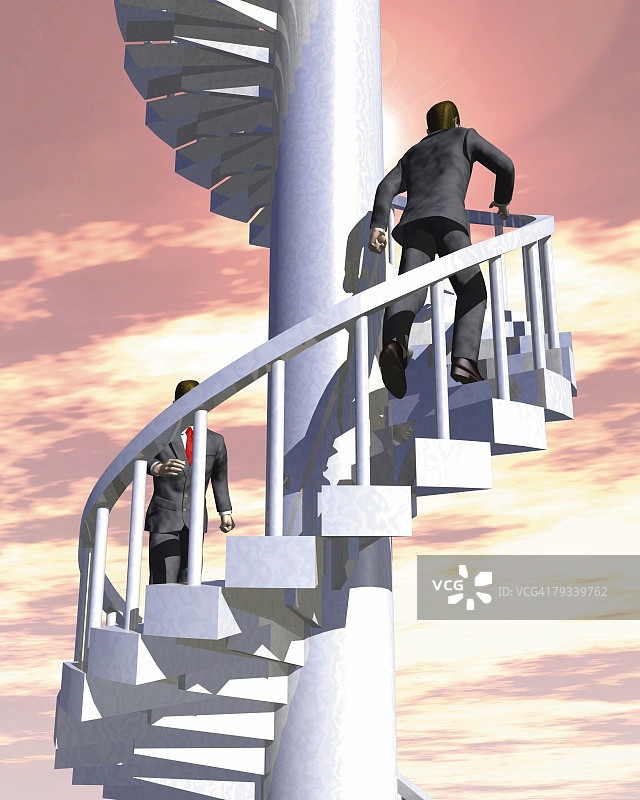 两位商务男士跑上旋转楼梯，CG，3D，插画，低角度视角图片素材