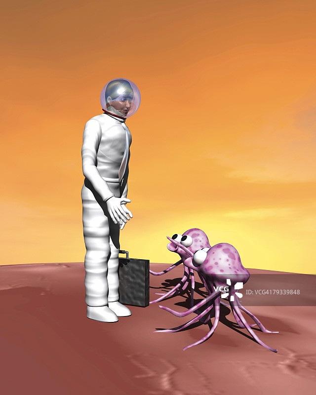 身穿宇航服的男人和外星人，CG，3D插画，侧视图图片素材