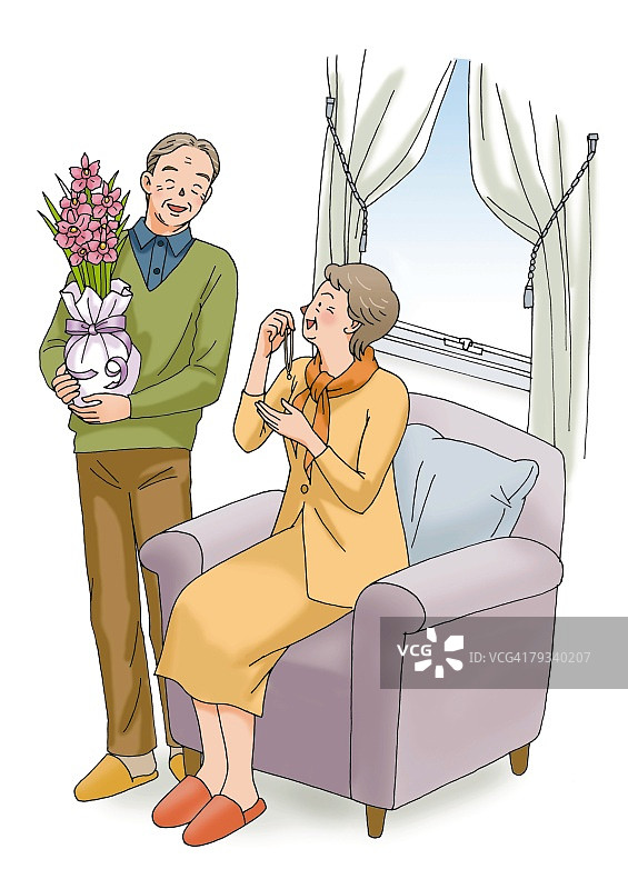 微笑的老年夫妇插画（高角度）图片素材