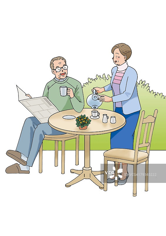 年长夫妇的茶歇，插画，侧视图图片素材