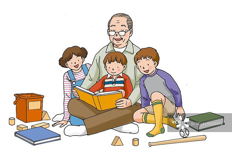 爷爷和孙辈，插画，正面视角图片素材