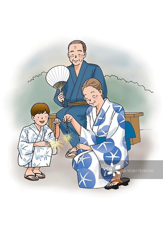 祖父母和孙辈观赏烟花，侧视图插画图片素材