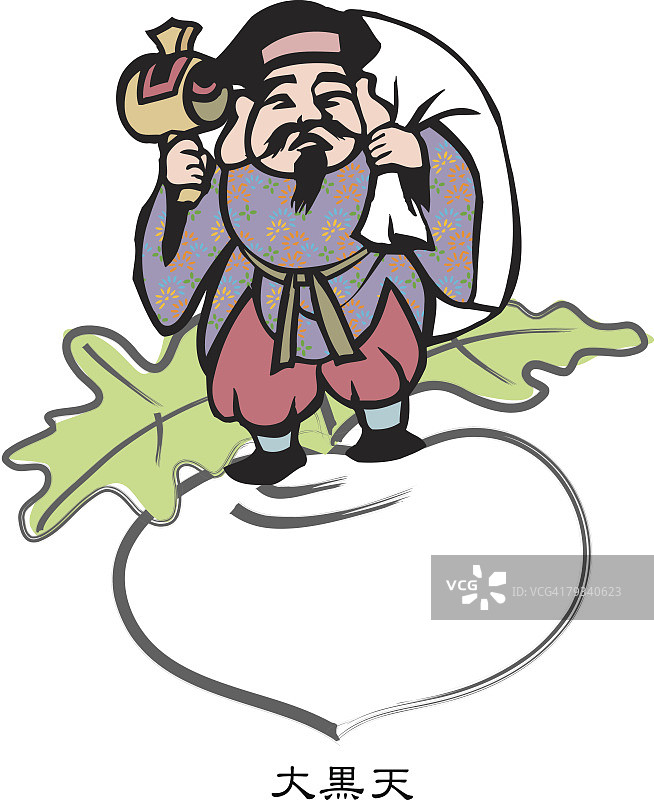 站在大白萝卜上的大黑天木刻画图片素材