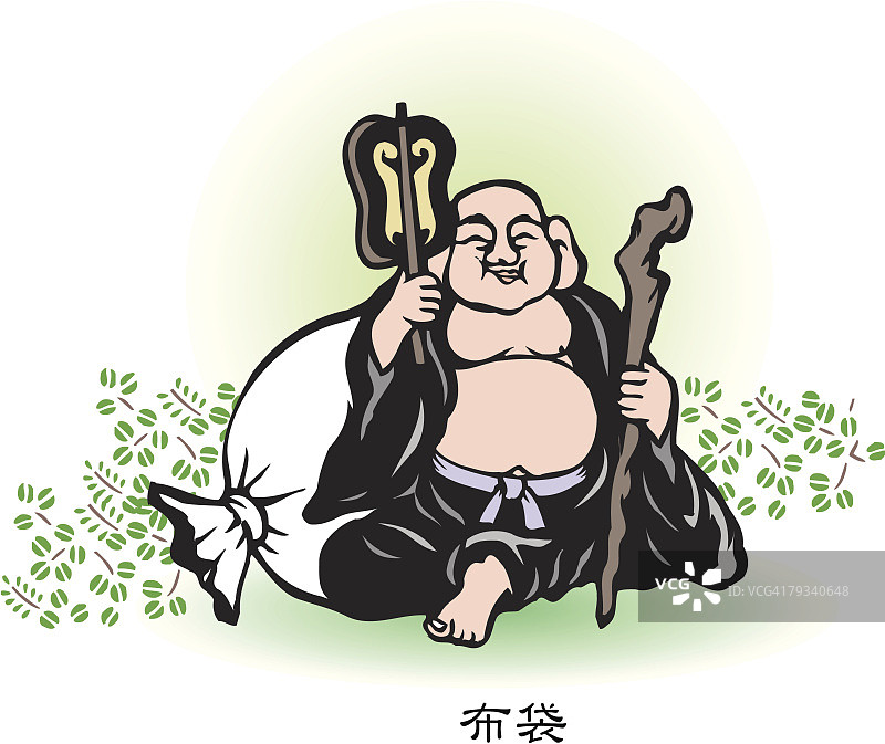 布袋和尚坐像木刻画图片素材