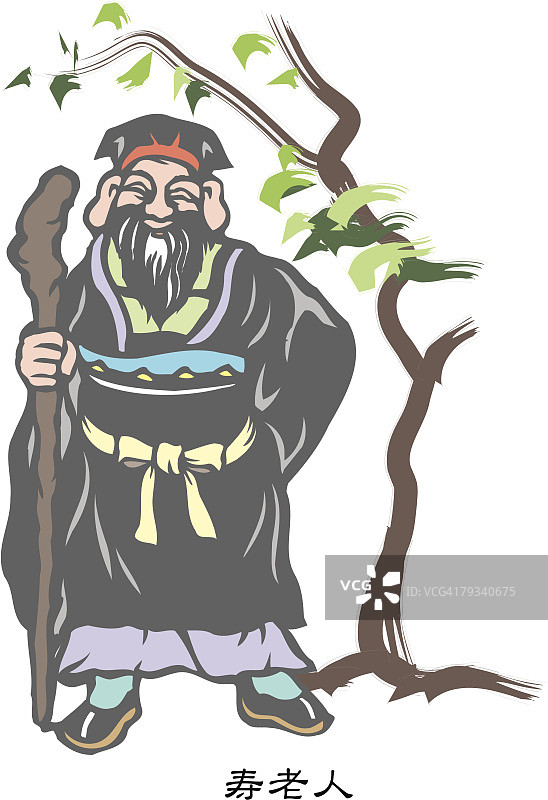 寿老人与树木木刻画图片素材