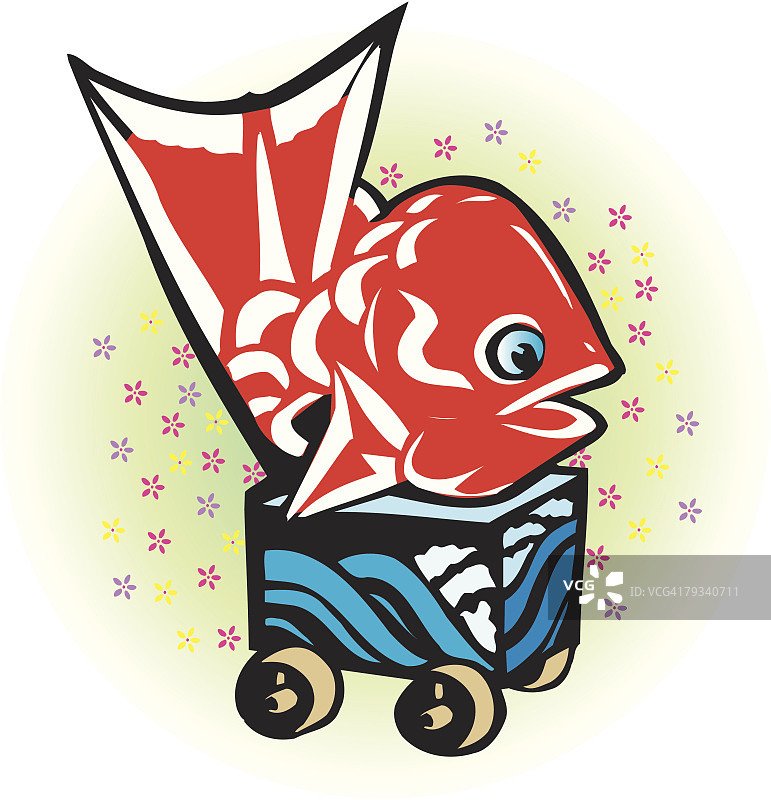 手推车上的玩具鲷鱼绘画，木刻图片素材