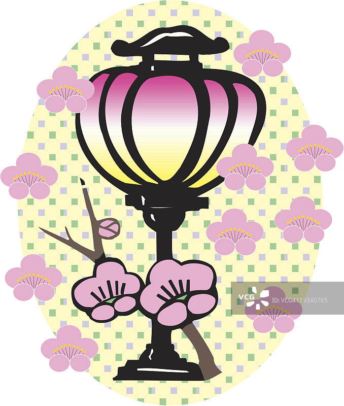 梅花与日式灯笼木刻画图片素材