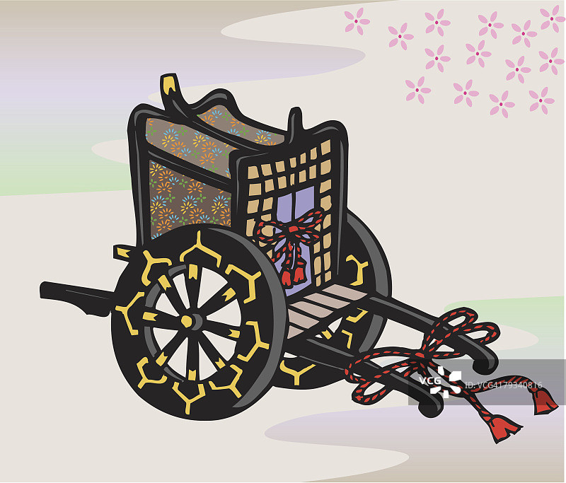 装饰精美的日式牛车木刻画图片素材