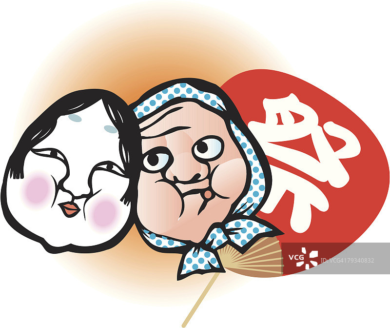 日本面具与扇子节日木刻画图片素材