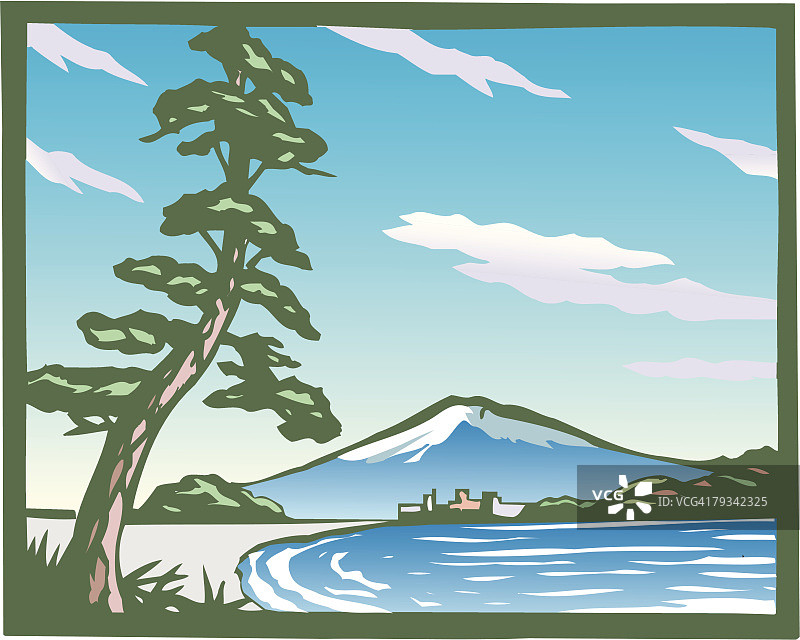 静冈县富士山的远景，木刻，日本图片素材