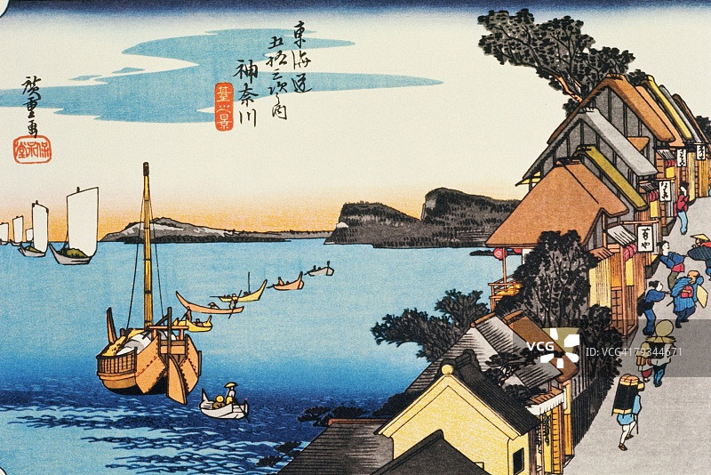 江户时代神奈川风光：绘画，木刻，日本木版画图片素材