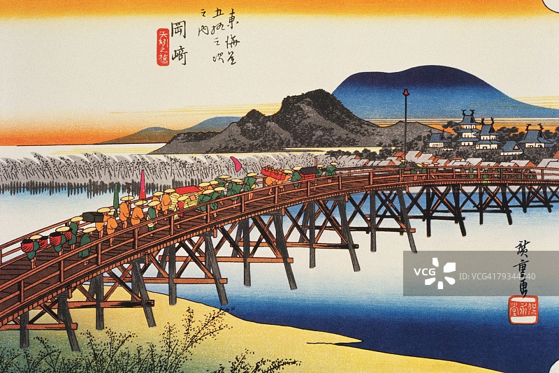 江户时代冈崎景色绘画木刻版画图片素材