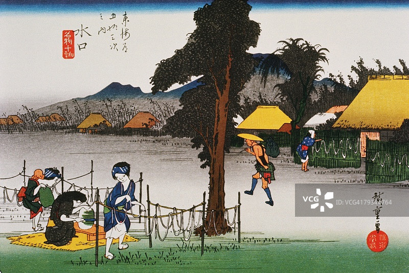 江户时代水口风光绘画木版画日本木刻版画图片素材