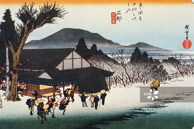 江户时代石部风光绘画木刻版画高角度景观图片素材