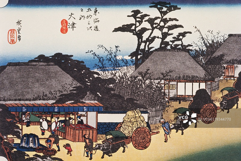 江户时代大津风光绘画，浮世绘，日本木版画，高角度图片素材