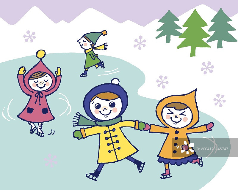 孩子们滑冰绘画插图图片素材