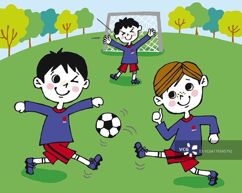 孩子们踢足球绘画插图正面图图片素材