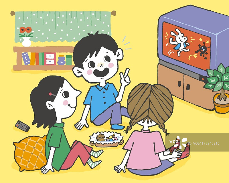 儿童看电视绘画插图图片素材