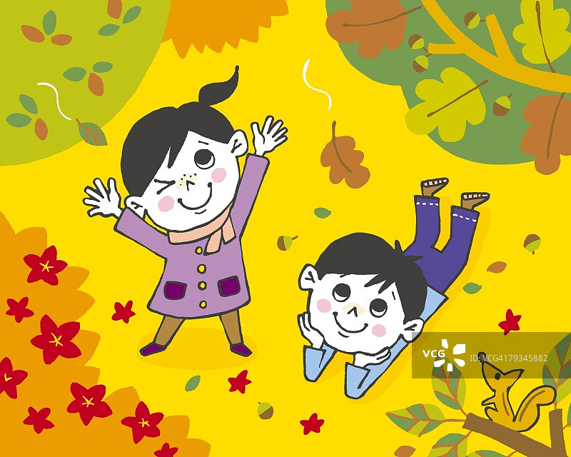 孩子们观看落叶绘画插图图片素材