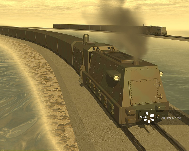 火车头插画CG 3D，深褐色高角度视角图片素材